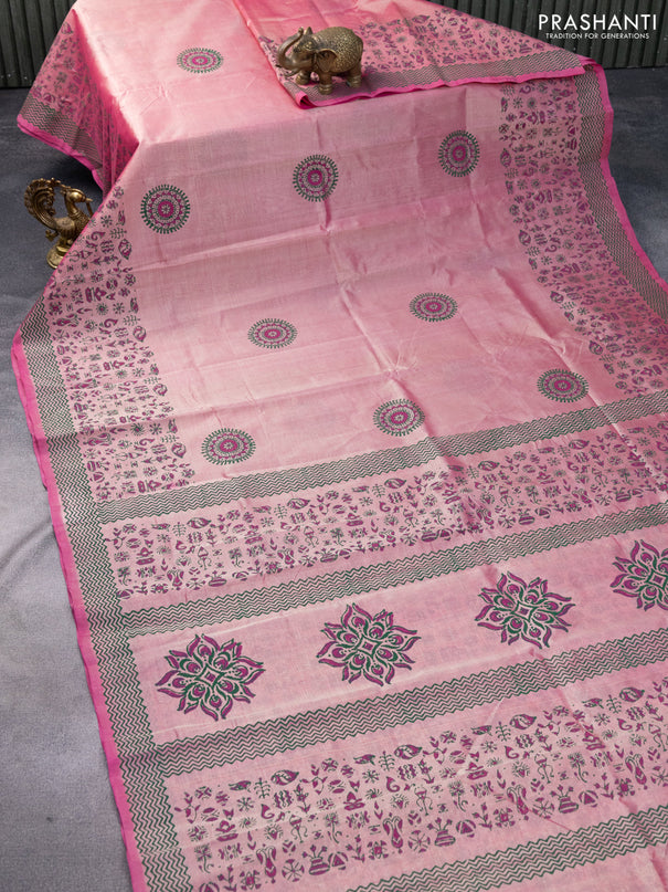 Silk cotton block printed saree dual shade of pink with warli butta prints and printed border