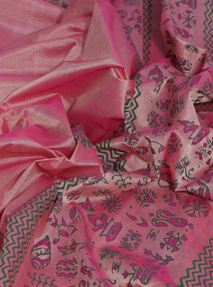 Silk cotton block printed saree dual shade of pink with warli butta prints and printed border