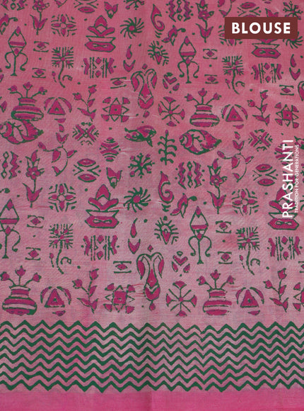 Silk cotton block printed saree dual shade of pink with warli butta prints and printed border