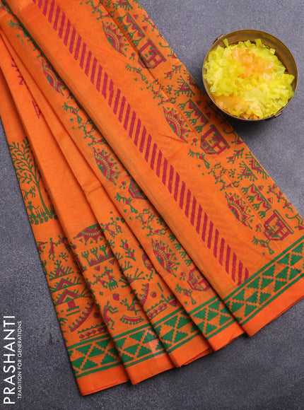 Silk cotton block printed saree orange with warli butta prints and printed border