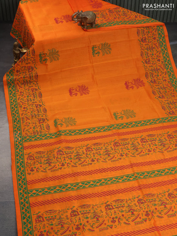 Silk cotton block printed saree orange with warli butta prints and printed border