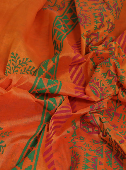 Silk cotton block printed saree orange with warli butta prints and printed border