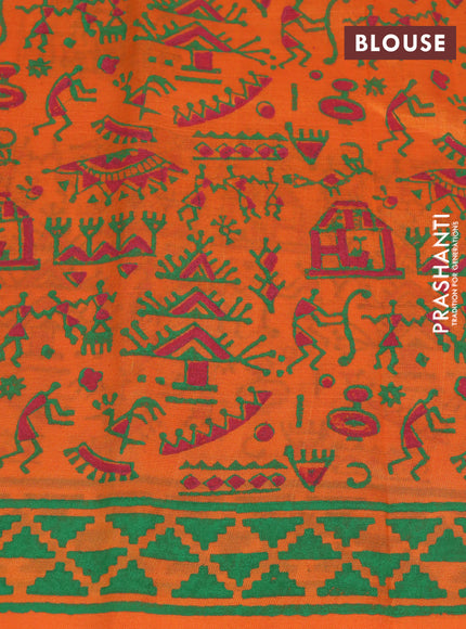 Silk cotton block printed saree orange with warli butta prints and printed border