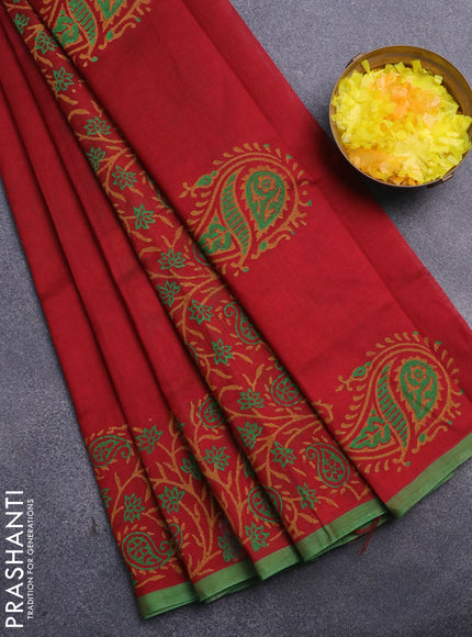 Silk cotton block printed saree maroon and green with paisley butta prints and printed border