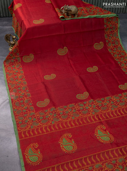 Silk cotton block printed saree maroon and green with paisley butta prints and printed border