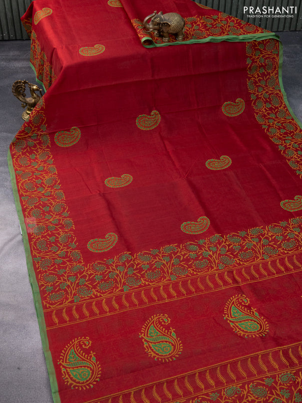 Silk cotton block printed saree maroon and green with paisley butta prints and printed border