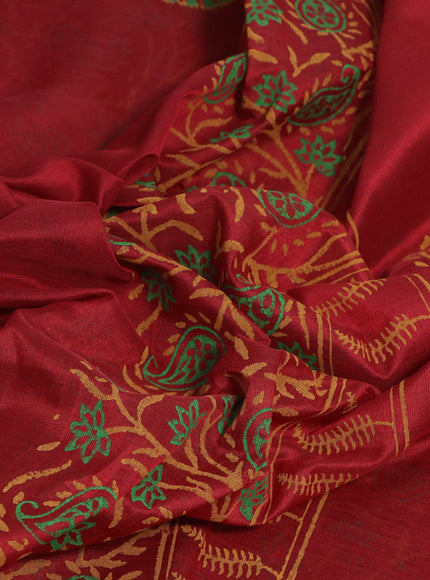 Silk cotton block printed saree maroon and green with paisley butta prints and printed border