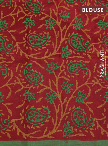 Silk cotton block printed saree maroon and green with paisley butta prints and printed border