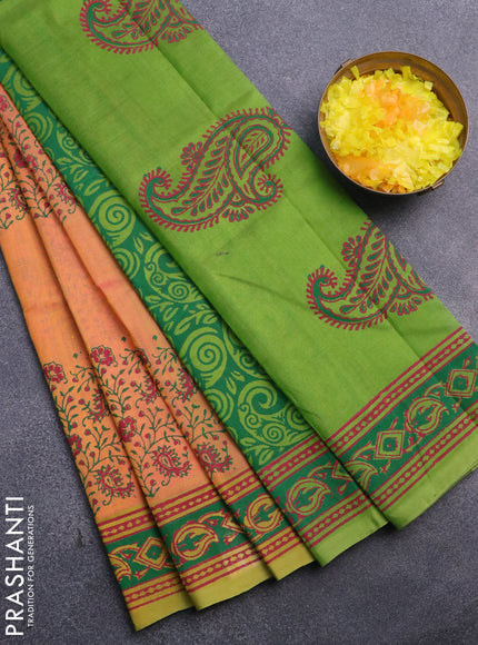 Silk cotton block printed saree dual shade of pinkish yellow and light green with allover prints and printed border