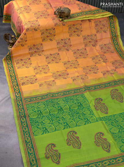 Silk cotton block printed saree dual shade of pinkish yellow and light green with allover prints and printed border