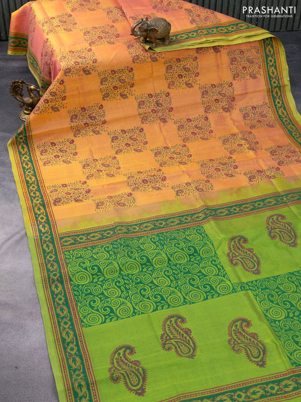 Silk cotton block printed saree dual shade of pinkish yellow and light green with allover prints and printed border