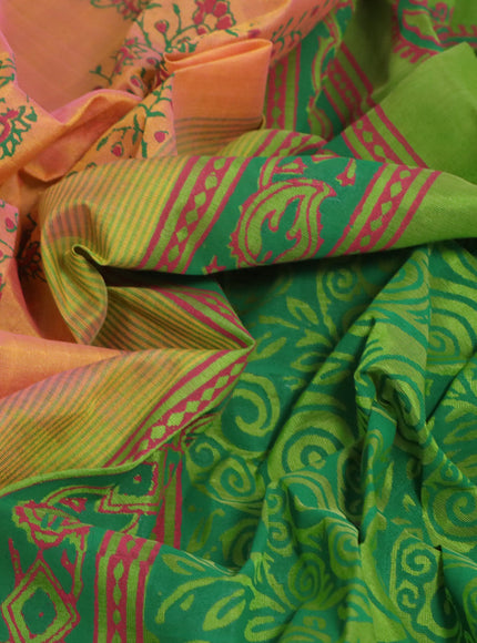 Silk cotton block printed saree dual shade of pinkish yellow and light green with allover prints and printed border