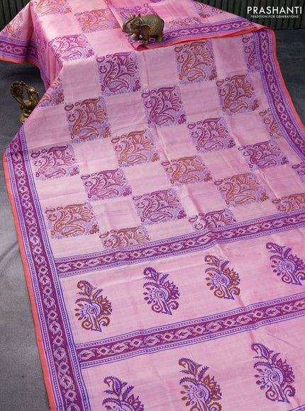 Silk cotton block printed saree light pink and peach red with allover prints and printed border