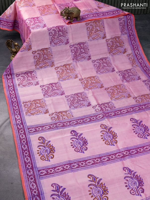 Silk cotton block printed saree light pink and peach red with allover prints and printed border