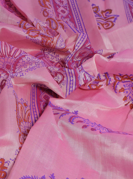 Silk cotton block printed saree light pink and peach red with allover prints and printed border