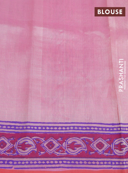 Silk cotton block printed saree light pink and peach red with allover prints and printed border