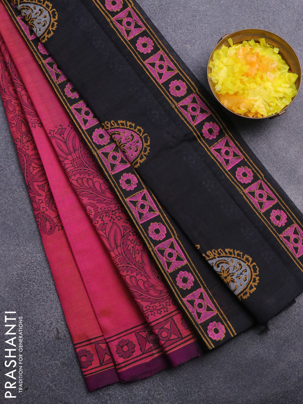 Silk cotton block printed saree dual shade of pinkish yellow and black with allover prints and printed border