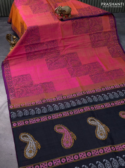 Silk cotton block printed saree dual shade of pinkish yellow and black with allover prints and printed border