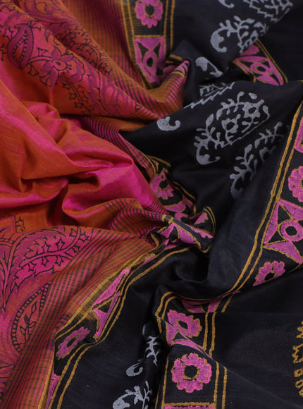 Silk cotton block printed saree dual shade of pinkish yellow and black with allover prints and printed border