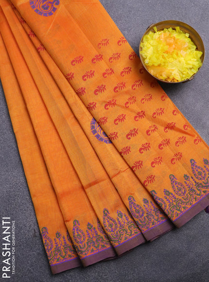 Silk cotton block printed saree mango yellow and dual shade of violet with paisley butta prints and printed border