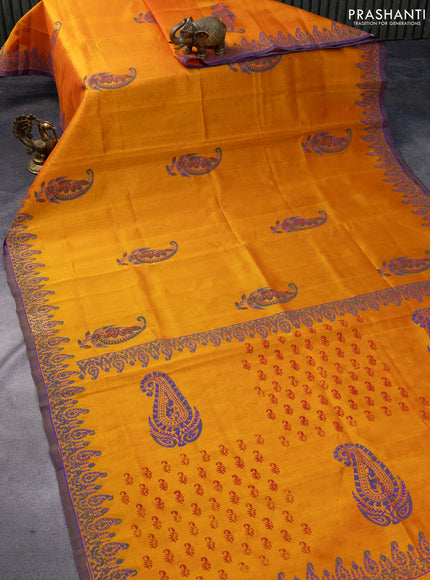 Silk cotton block printed saree mango yellow and dual shade of violet with paisley butta prints and printed border