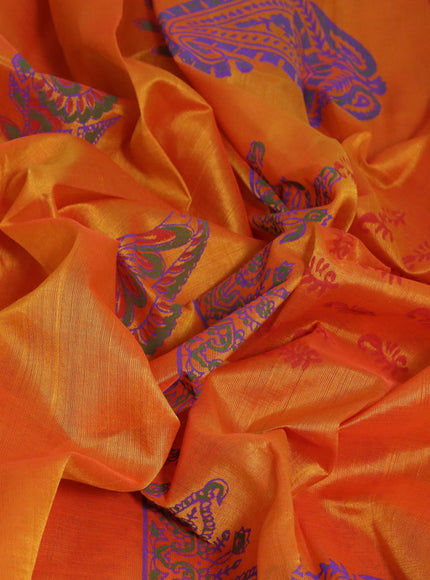 Silk cotton block printed saree mango yellow and dual shade of violet with paisley butta prints and printed border