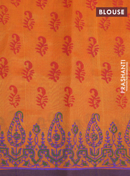 Silk cotton block printed saree mango yellow and dual shade of violet with paisley butta prints and printed border