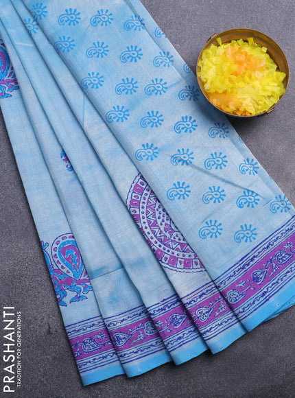 Silk cotton block printed saree light blue with annam butta prints and printed border