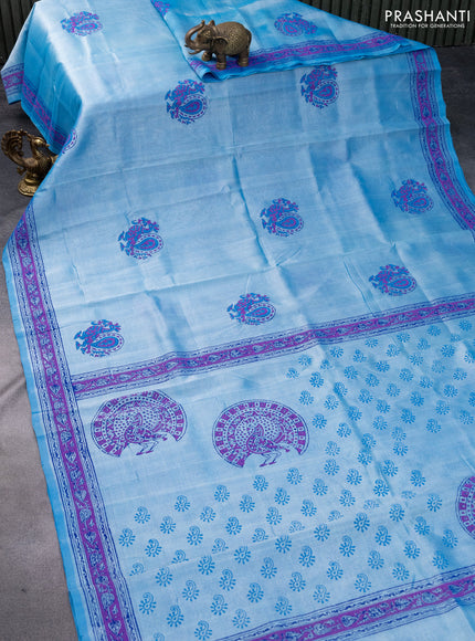 Silk cotton block printed saree light blue with annam butta prints and printed border