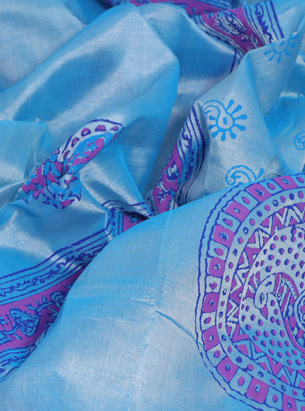 Silk cotton block printed saree light blue with annam butta prints and printed border