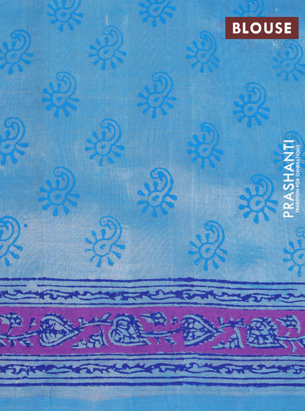 Silk cotton block printed saree light blue with annam butta prints and printed border