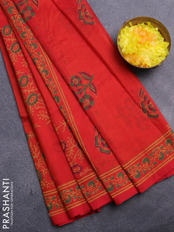 Silk cotton block printed saree reddish orange with allover prints and printed border