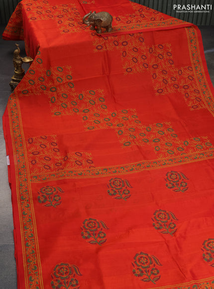 Silk cotton block printed saree reddish orange with allover prints and printed border