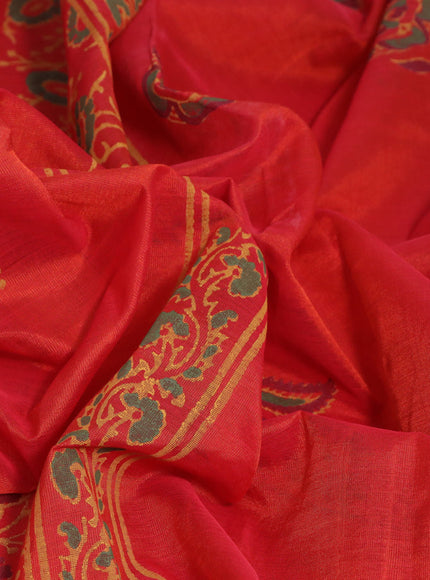 Silk cotton block printed saree reddish orange with allover prints and printed border