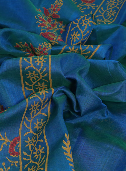 Silk cotton block printed saree dual shade of bluish green and dark mustard with floral butta prints and printed border