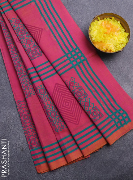 Silk cotton block printed saree dual shade of pinkish yellow and dual shade of mustard with geometric prints and printed border