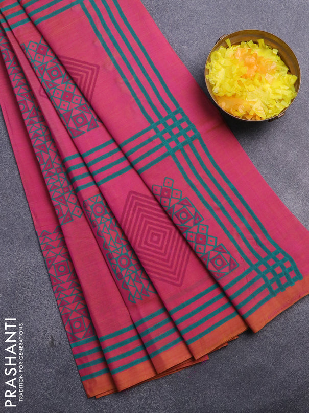 Silk cotton block printed saree dual shade of pinkish yellow and dual shade of mustard with geometric prints and printed border