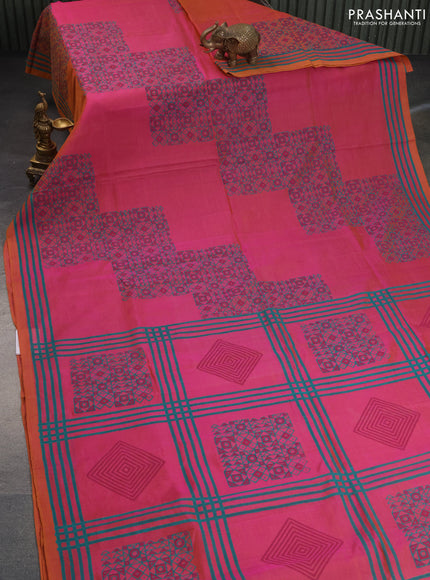 Silk cotton block printed saree dual shade of pinkish yellow and dual shade of mustard with geometric prints and printed border