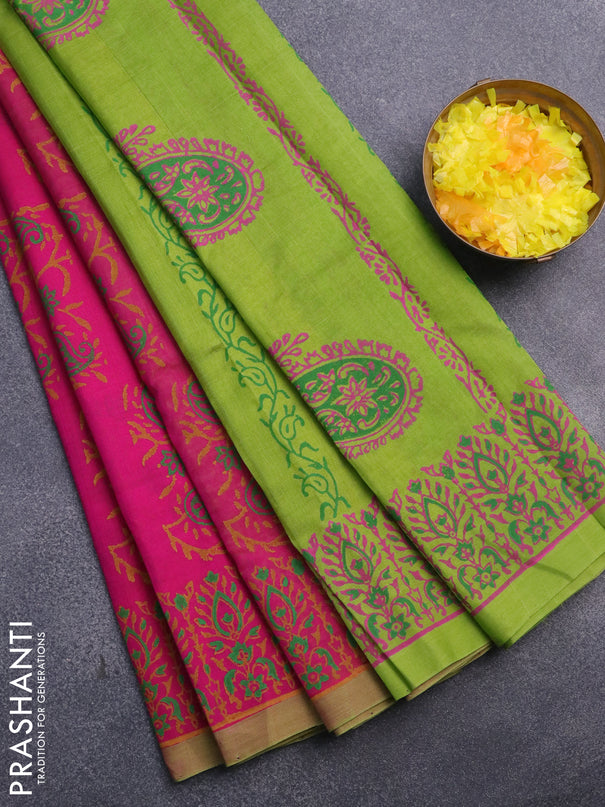 Silk cotton block printed saree pink and light green with allover prints and printed border