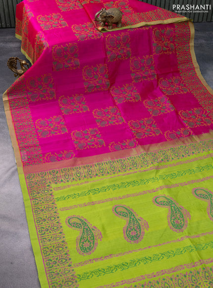 Silk cotton block printed saree pink and light green with allover prints and printed border