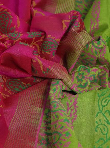 Silk cotton block printed saree pink and light green with allover prints and printed border