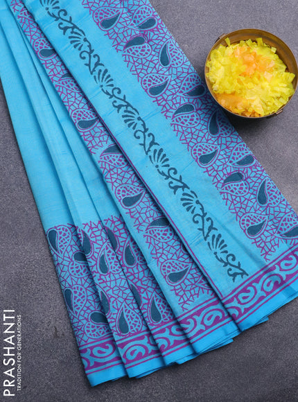 Silk cotton block printed saree light blue with butta prints and printed border