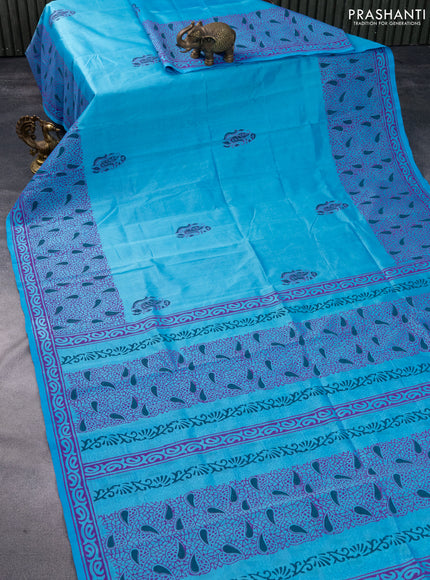 Silk cotton block printed saree light blue with butta prints and printed border