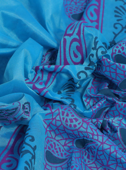 Silk cotton block printed saree light blue with butta prints and printed border