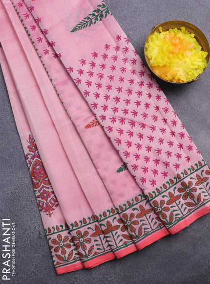 Silk cotton block printed saree peach pink and red with butta prints and printed border