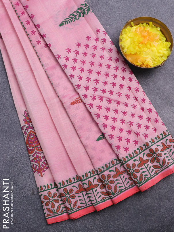 Silk cotton block printed saree peach pink and red with butta prints and printed border