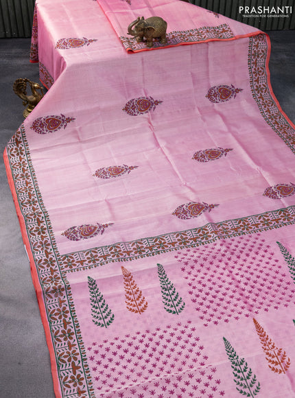 Silk cotton block printed saree peach pink and red with butta prints and printed border