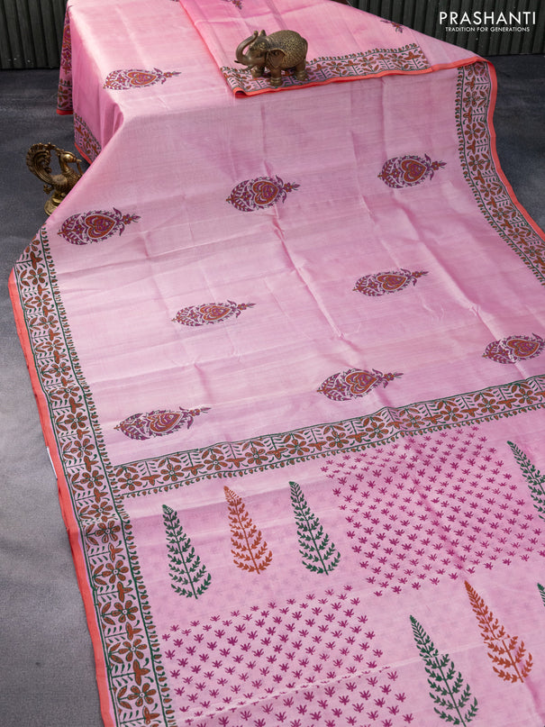 Silk cotton block printed saree peach pink and red with butta prints and printed border