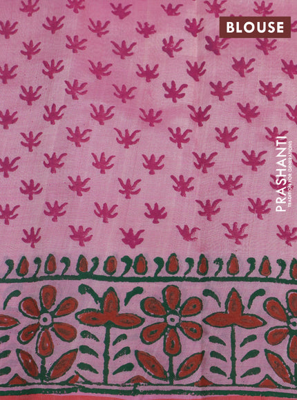 Silk cotton block printed saree peach pink and red with butta prints and printed border