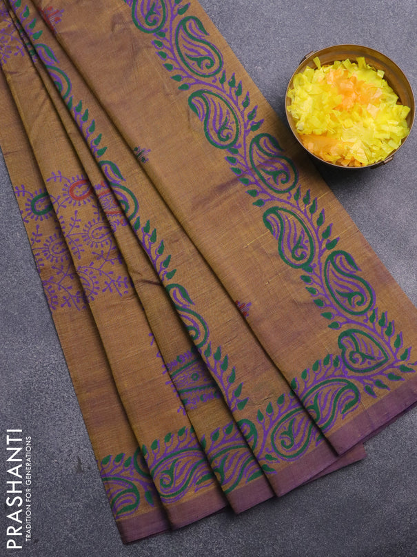 Silk cotton block printed saree mehendi green and dual shade of violet with butta prints and printed border